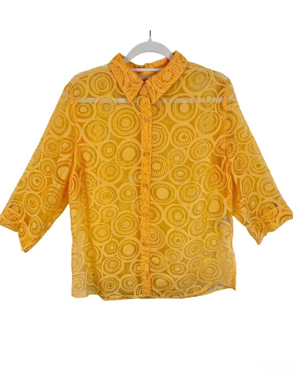 C.L.O.T.H.E.S. Yellow Burnout‎ Geometric Circle Button Up Blouse Womens Large L